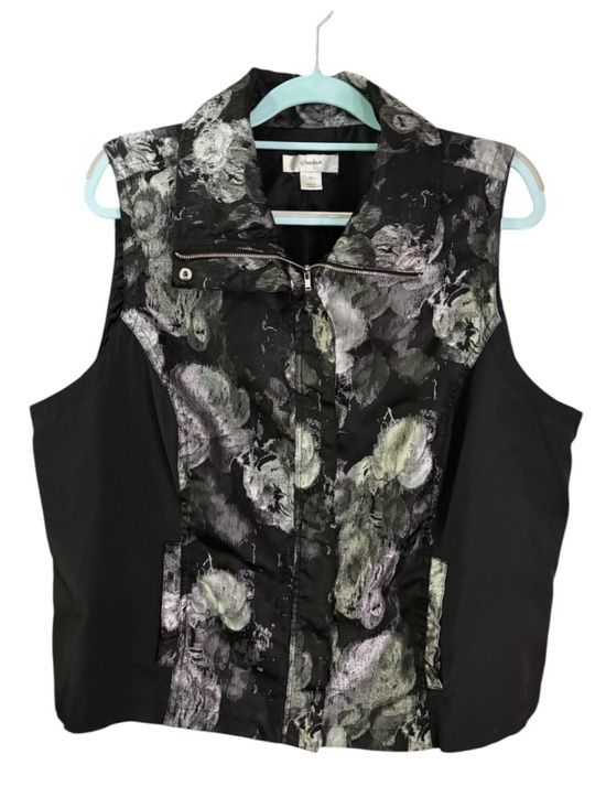 CJ Banks Jackets & Blazers - CJ Banks Black & Silver Abstract Spring Floral Zip-Front Moto Vest | Size 1X